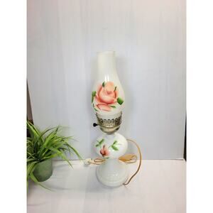 Vintage Hurricane Vanity Lamp, Hand Painted Rose Milk Glass, Boudoir Light